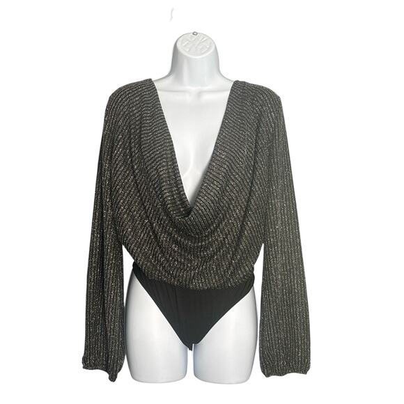 Cider XS Metallic Long Sleeve V Neck Bodysuit NWT - Picture 1 of 4